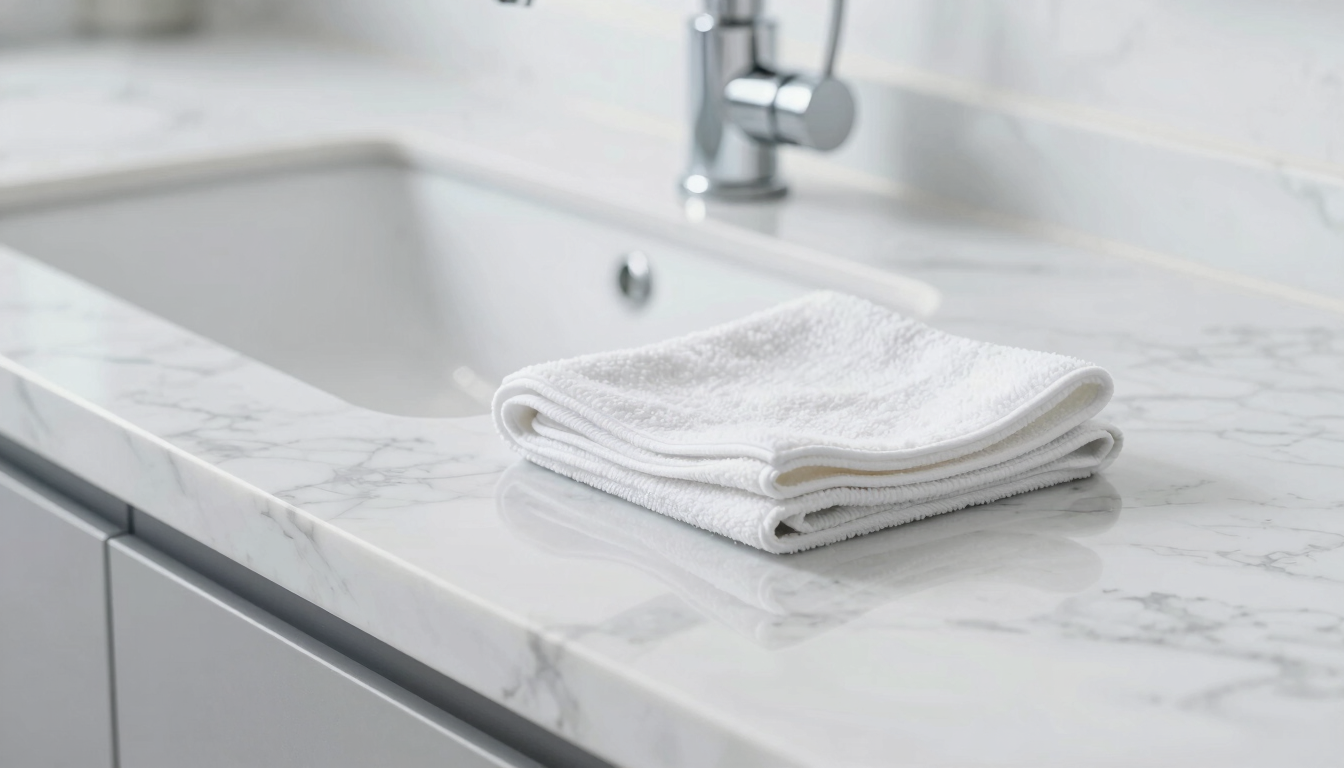 Close-up of a pristine marble countertop reflecting bright daylight, a microfiber cloth neatly folded beside a polished chrome faucet, high-key clinical elegance