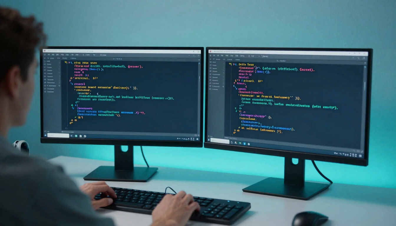 Over-the-shoulder perspective of a developer analyzing clean code on dual monitors with cool blue and teal ambient lighting