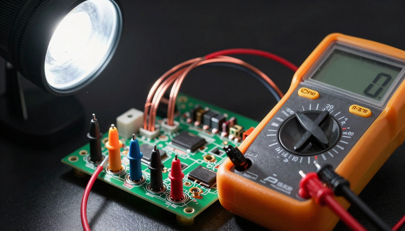 Close-up of copper wiring and a digital multimeter testing voltage on an appliance circuit board, direct work lamp lighting, sharp focus