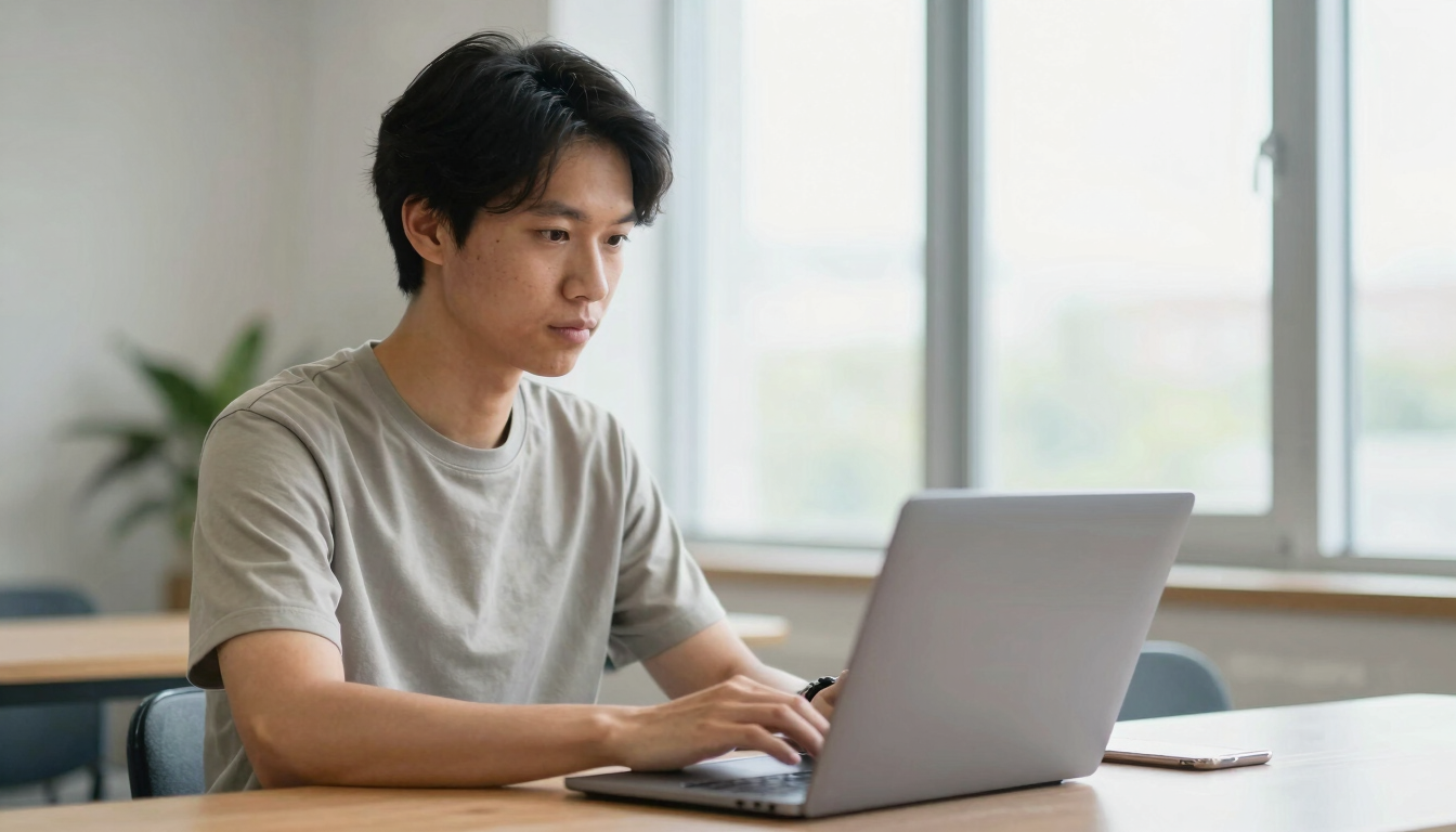 Medium shot of an adult learner in an Indiana community center using a laptop, soft window daylight, focused expression, modern digital education photography, 35mm lens.