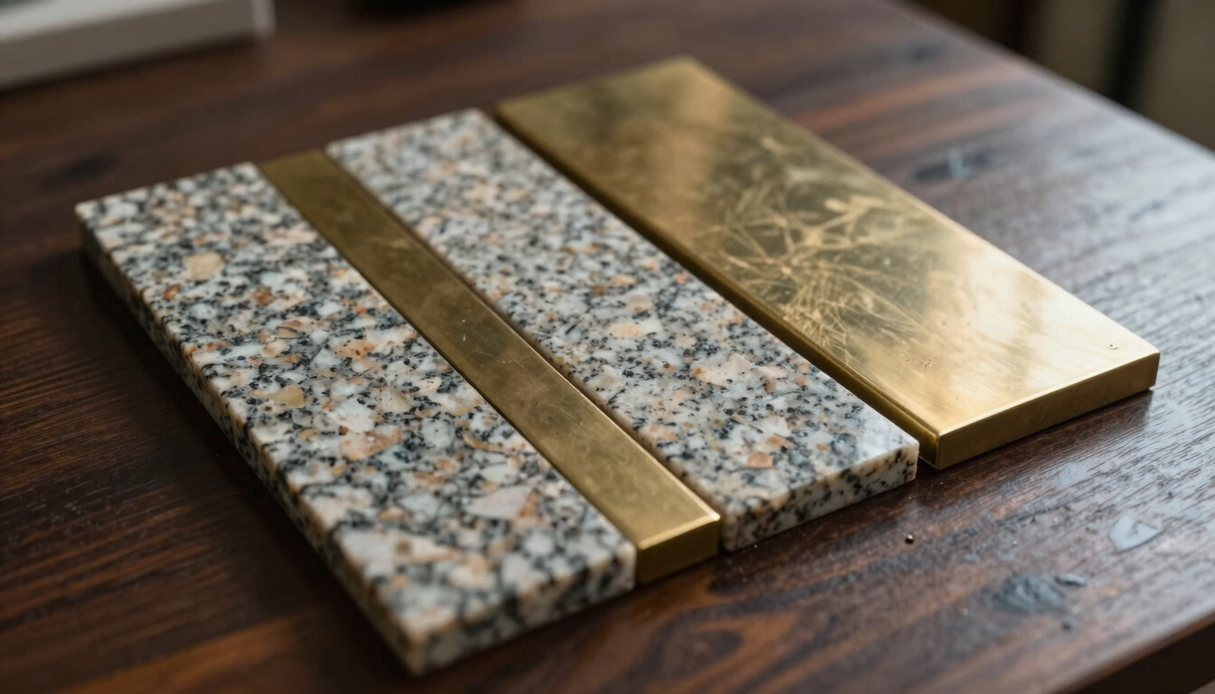 One-point perspective close-up of physical material samples on a dark timber table, showing textured granite meeting polished brass inlays under soft side lighting.