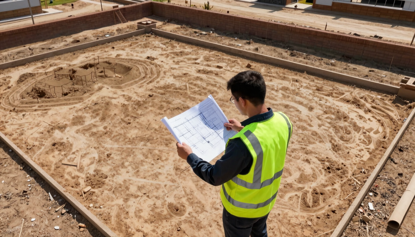 A professional land surveyor in a high-visibility vest reviewing architectural blueprints on-site at a sunny plot development, sharp focus
