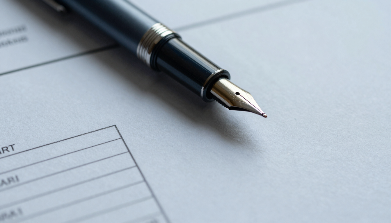 Macro close-up of a fountain pen resting on structured financial planning documents, soft overcast daylight, cool slate grey tones.