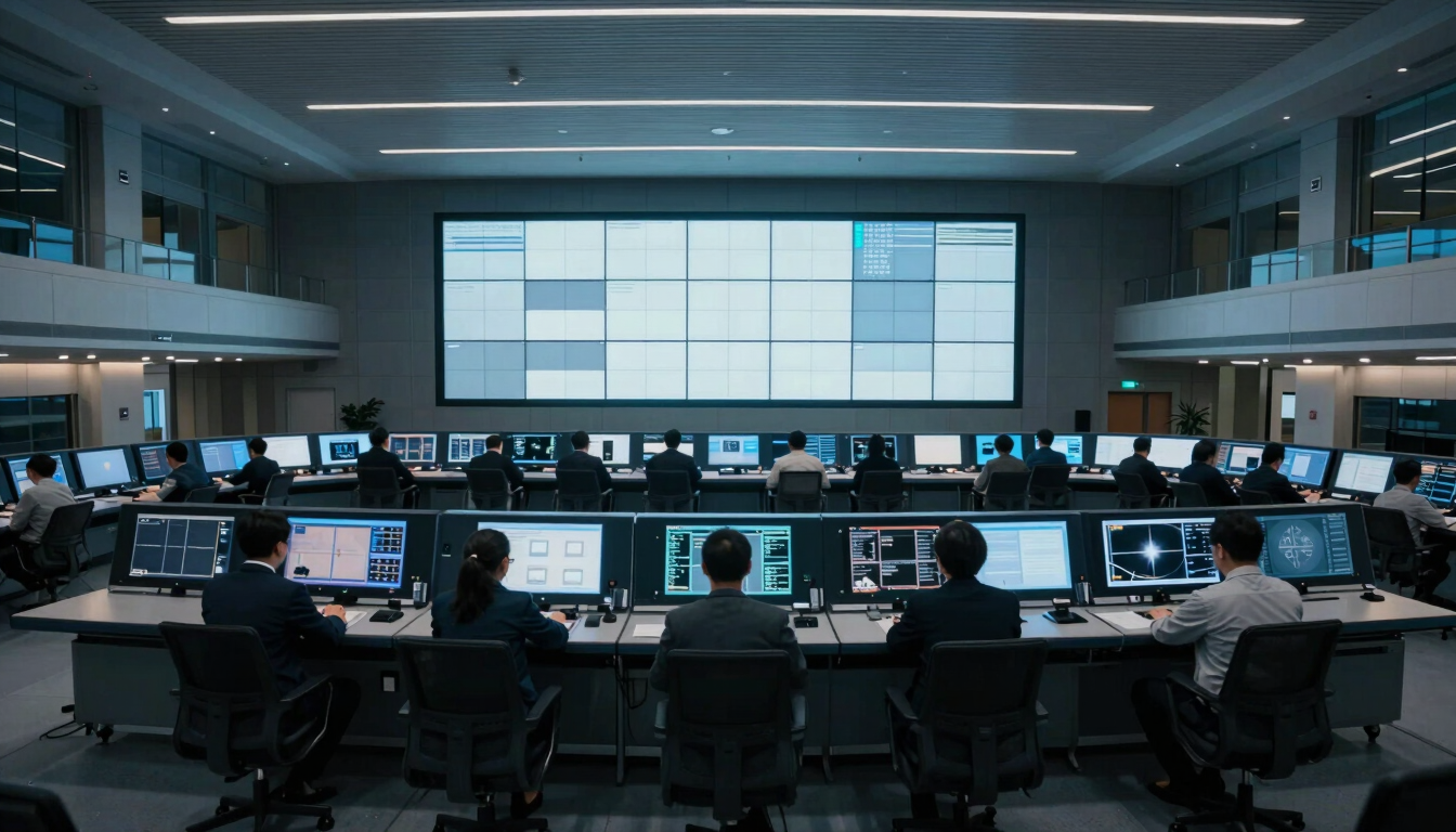 Stark, wide-angle cinematic view of a modern high-speed railway control room, cool blue and slate tones, multiple monitoring screens reflecting structured light.