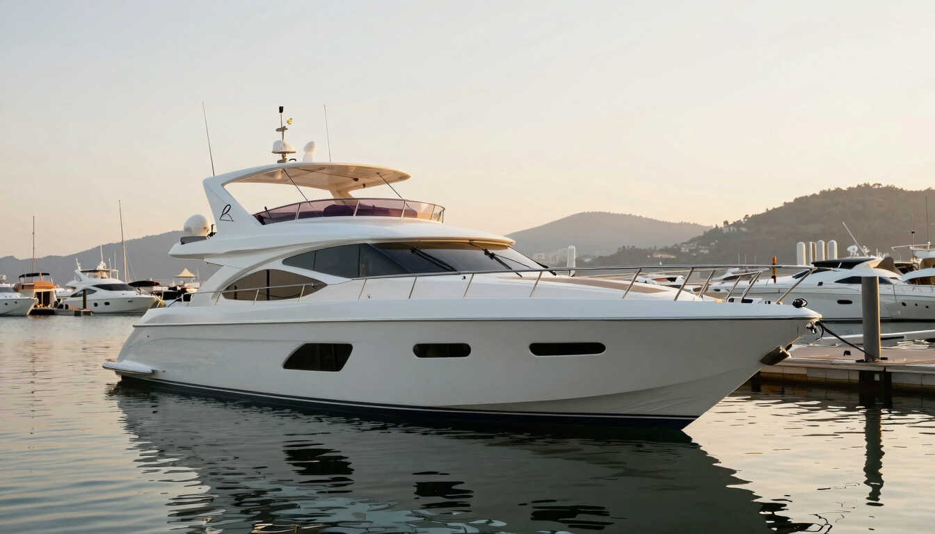 Close-up of luxury yachts docked at Marina Tedesco in Balneário Camboriú during golden hour, soft light reflecting on calm water, clean composition.