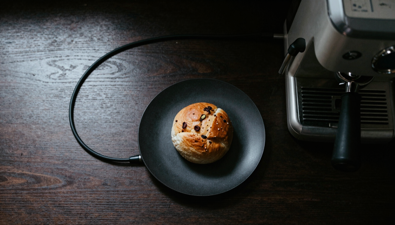 Moody top-down shot of a minimalist workspace, a dark wood desk, clean cable routing, and a matte black plate with a fresh cardamom bun next to an espresso machine portafilter, high contrast.