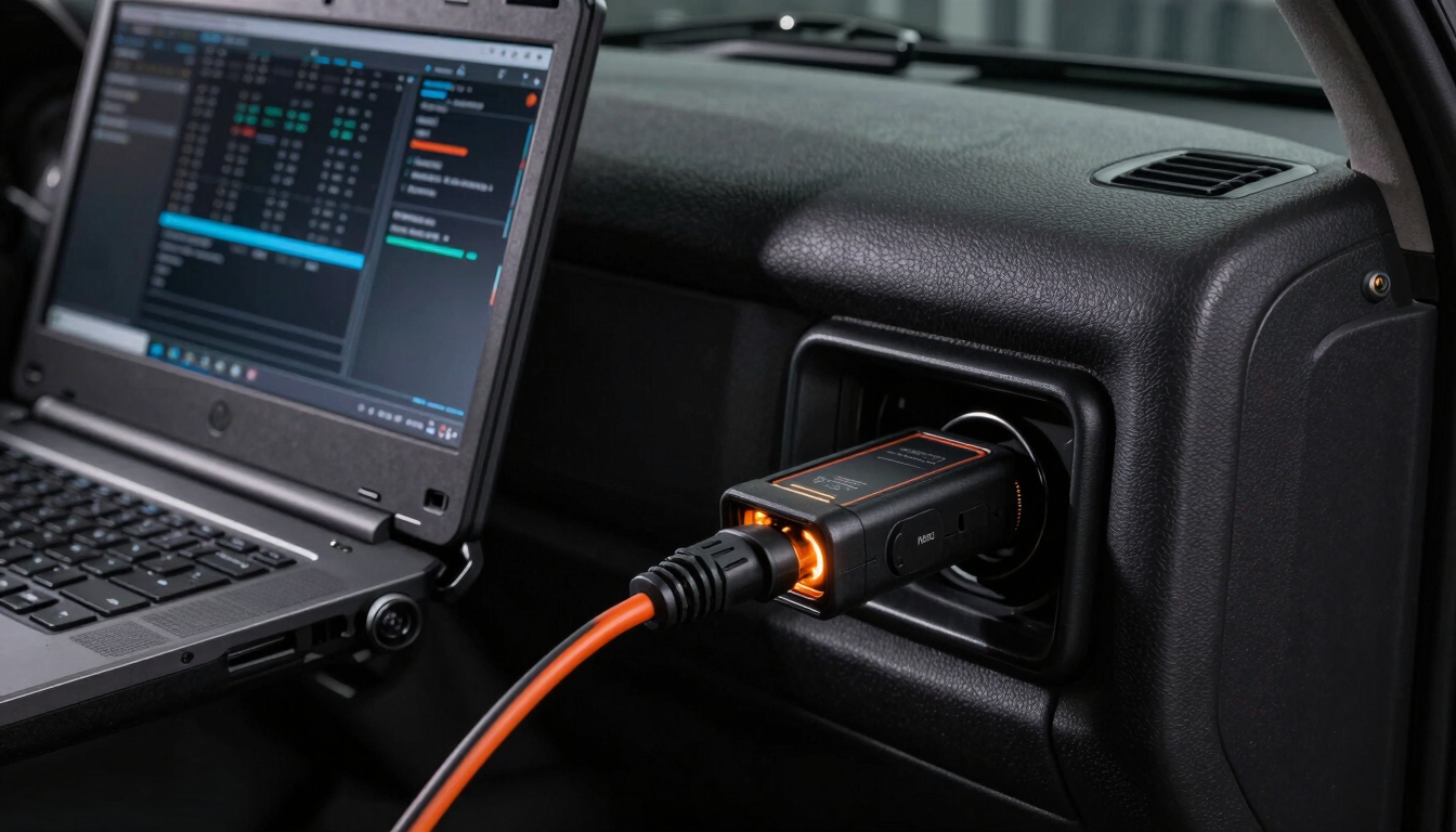 Tight macro shot of a ruggedized laptop screen displaying diagnostic software inside a dark truck cab, a heavy OBD-II cable plugged into the dashboard, dramatic low-key lighting with sharp orange highlights on the connectors.