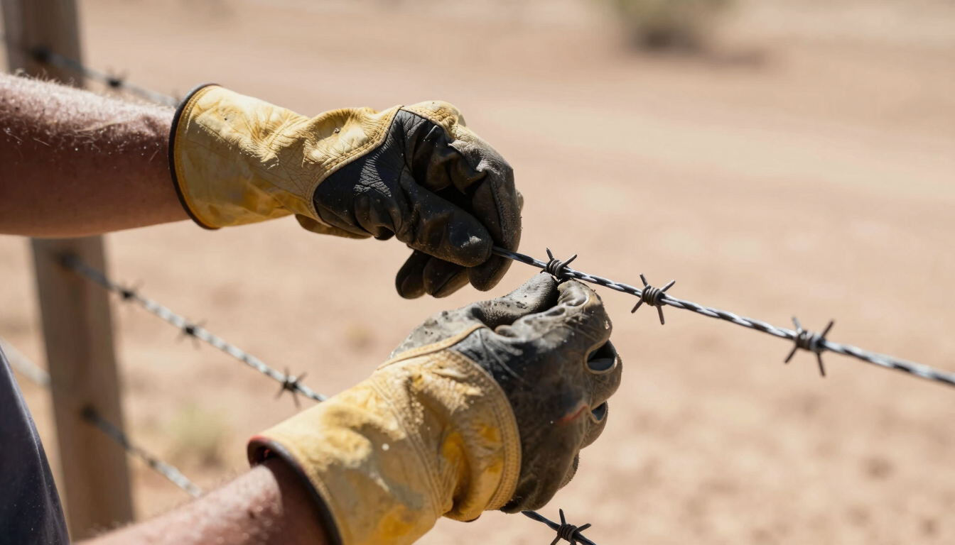 Close-up of a worker's hands in heavy leather gloves repairing a barbed wire fence, dry Arizona soil in background, sharp focus, 35mm