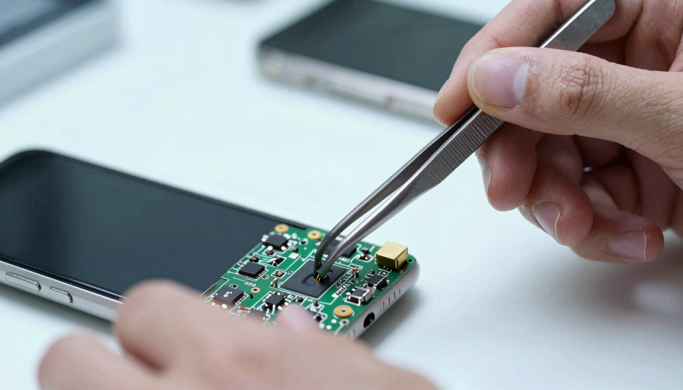Crisp macro photography of a technician hands using precision tweezers on a phone motherboard under bright cool workbench light, shallow depth of field