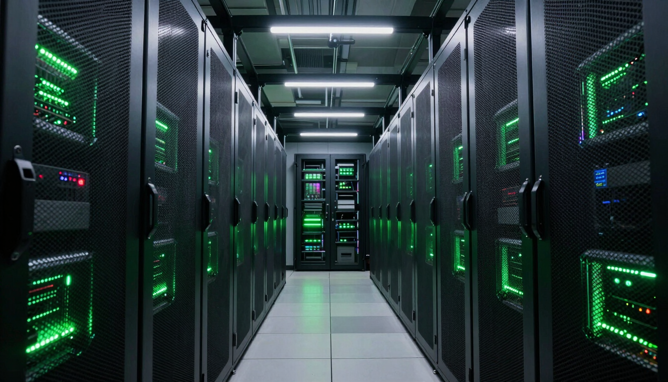 Wide structured architectural perspective of a modern dark data center corridor, cool-toned low-key lighting with sharp directional neon cyber-green highlights.