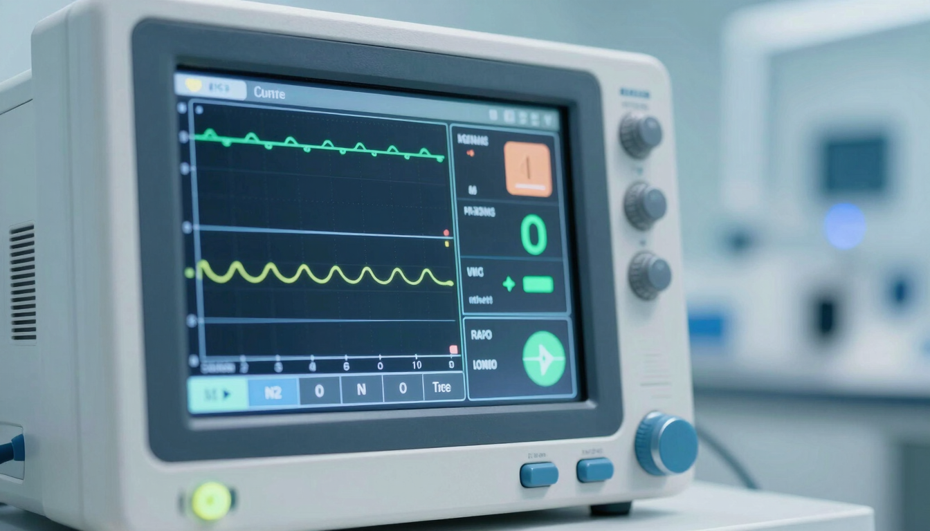 Macro detail shot of a digital ventilator screen showing technical vital graphs, clean sterile laboratory setting, cool blue clinical lighting, sharp focus