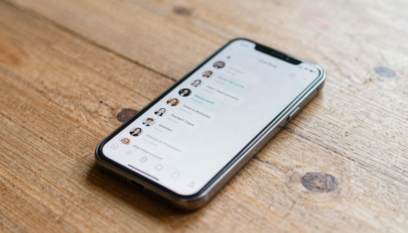A real, unpolished close-up of a smartphone displaying a clean chat interface with local neighborhood messages, resting on a rustic wooden table in natural daylight.