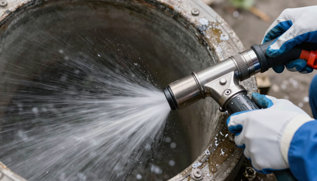 Close-up of a high-pressure hydro-jetting steel nozzle entering a clean sewer pipe, water spraying in a controlled pattern, professional technician hands in safety gloves.