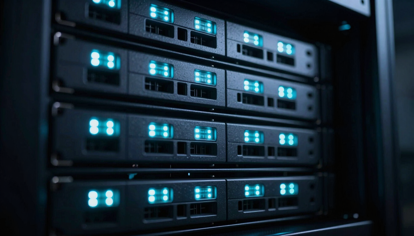 Close-up of a secure server rack with blinking cyan LED status lights, cool white key light, dramatic shadows, high-contrast dark tech environment, 35mm
