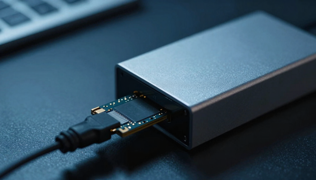 Macro close-up of a hardware write-blocker connected to an SSD in a dark forensics lab, cool blue key light, high contrast