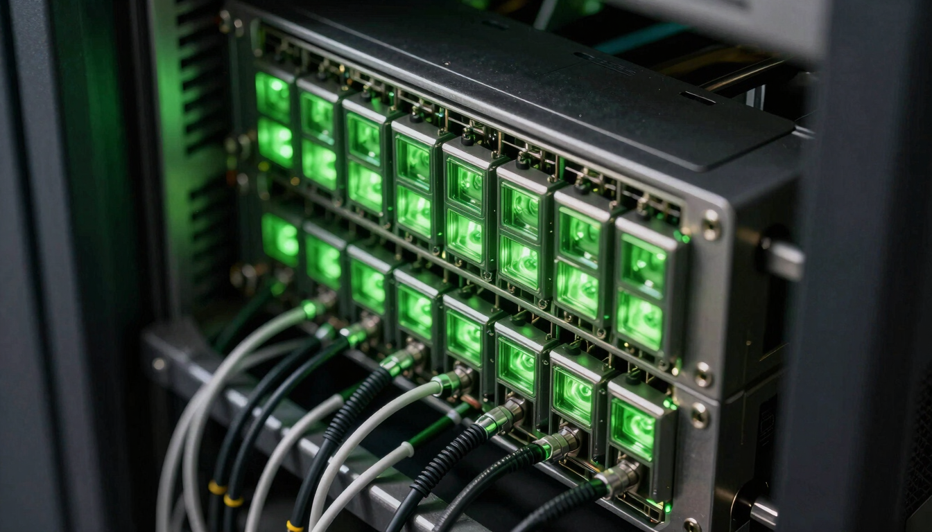 Macro view of a server cluster node array illuminated by stark terminal green light, highlighting raw hardware connections and high-contrast metal chassis.