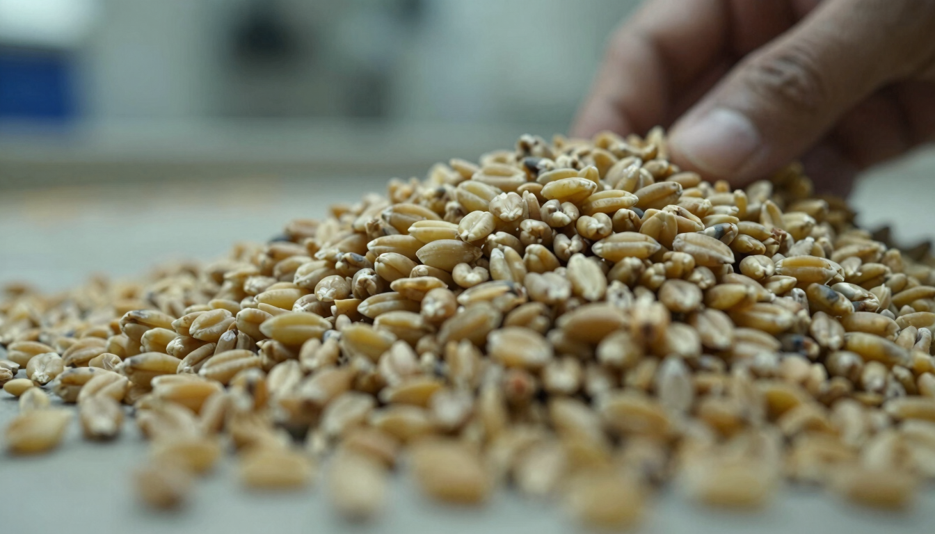 Macro close-up of high-grade golden wheat grains piled high, inspected by hand in clean industrial setting, sharp focus, desaturated olive tones.