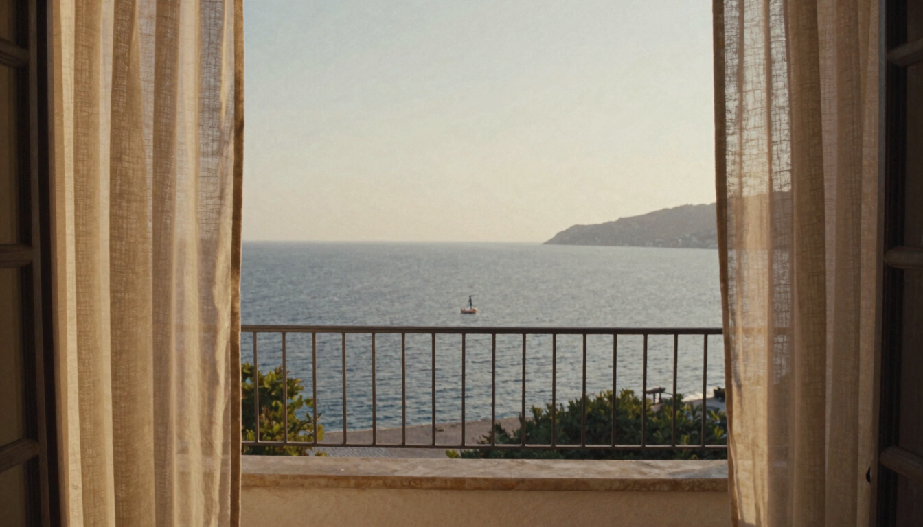 An empty private balcony overlooking a quiet Mediterranean bay at golden hour, soft warm light, elegant linen curtains blowing gently, 35mm film look