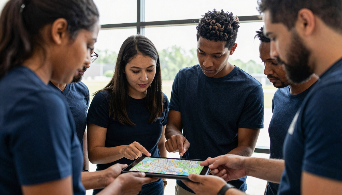 Warm editorial photography of a diverse group of Missouri community members collaborating over a digital map on a tablet, natural window light, deep indigo tones.