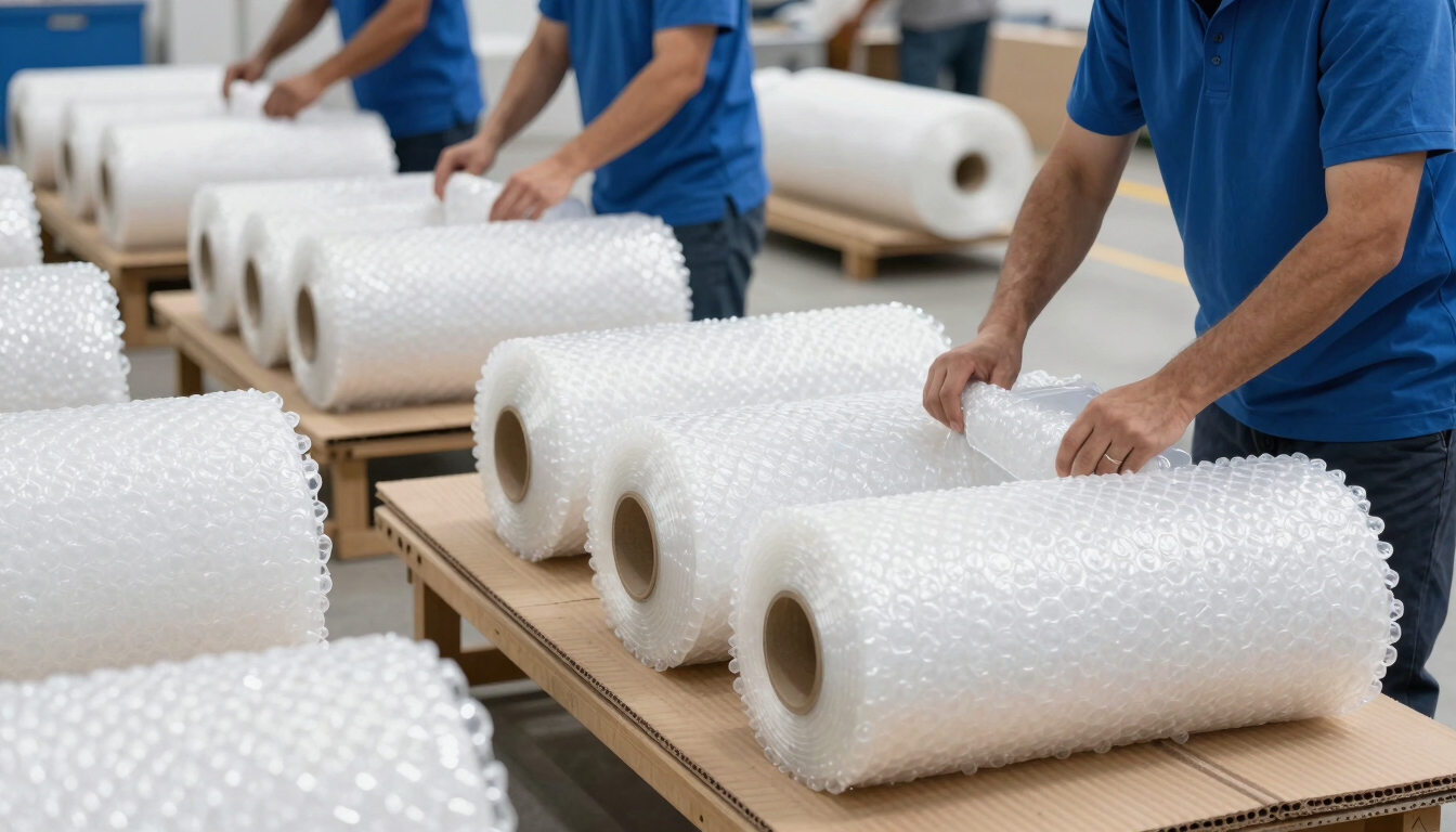 Professional packing team wrapping cargo in heavy-duty bubble rolls and corrugated sheets under bright daylight