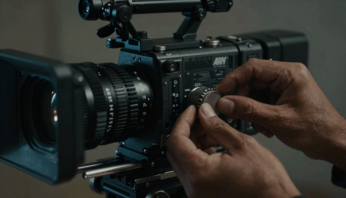 Extreme close-up of hands adjusting a follow-focus dial on a rigged Arri cinema camera, low-key chiaroscuro lighting, tactical aesthetic