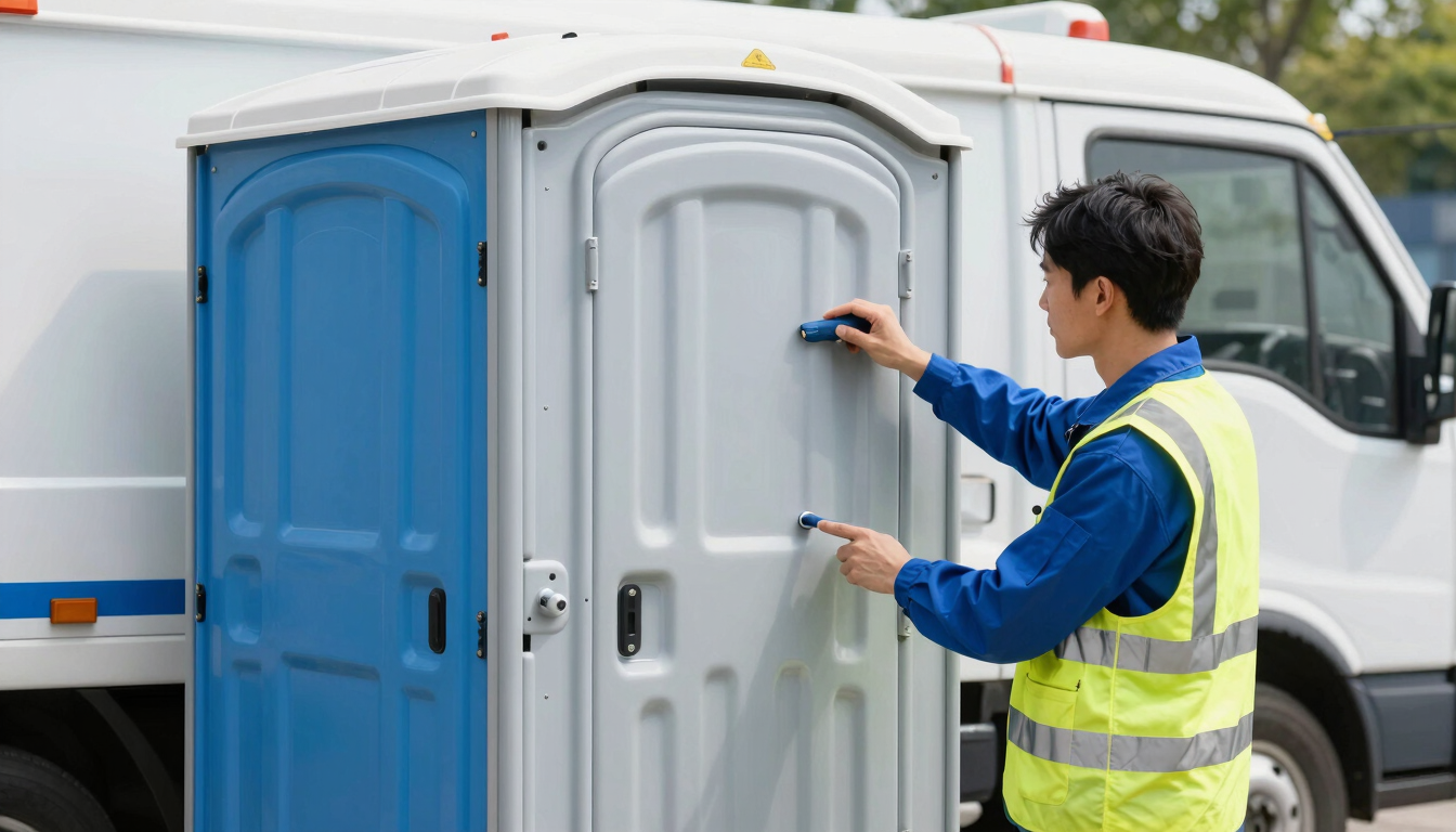 A clean service truck and a technician in high-visibility gear performing a multi-point inspection on a pristine portable toilet, bright natural daylight, sharp focus, 35mm.