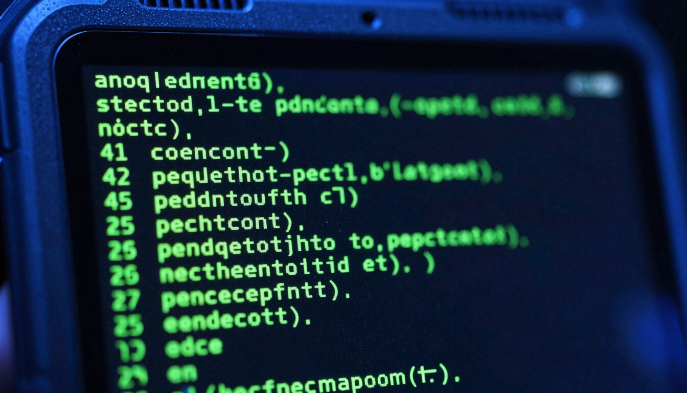 Extreme macro close-up of a ruggedized Android tablet screen displaying green terminal code on a black background, cool blue ambient light, sharp focus on the glass texture.