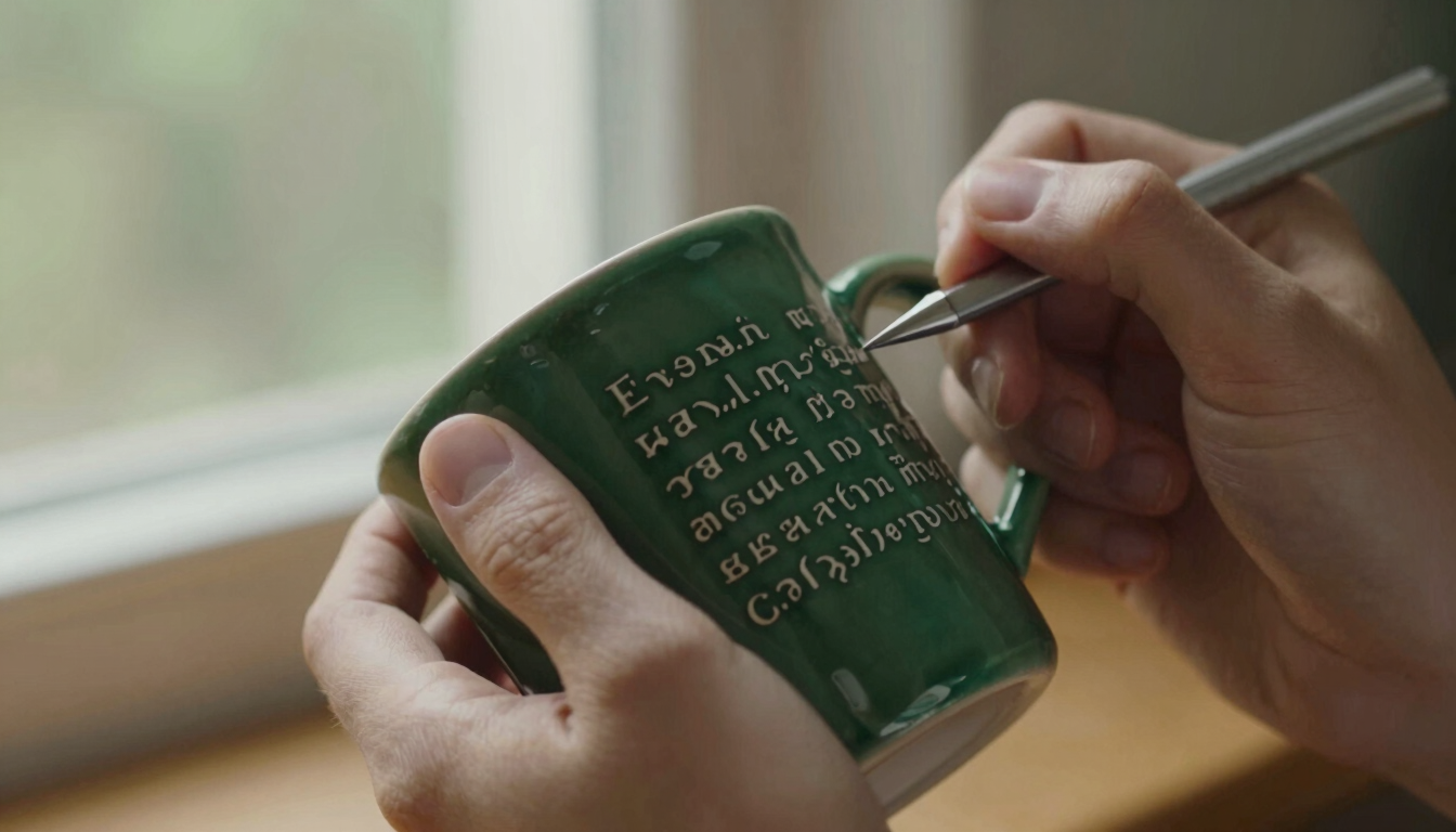 Close-up of hands etching scripture onto a dark green ceramic coffee mug, warm natural window light, shallow depth of field, 35mm