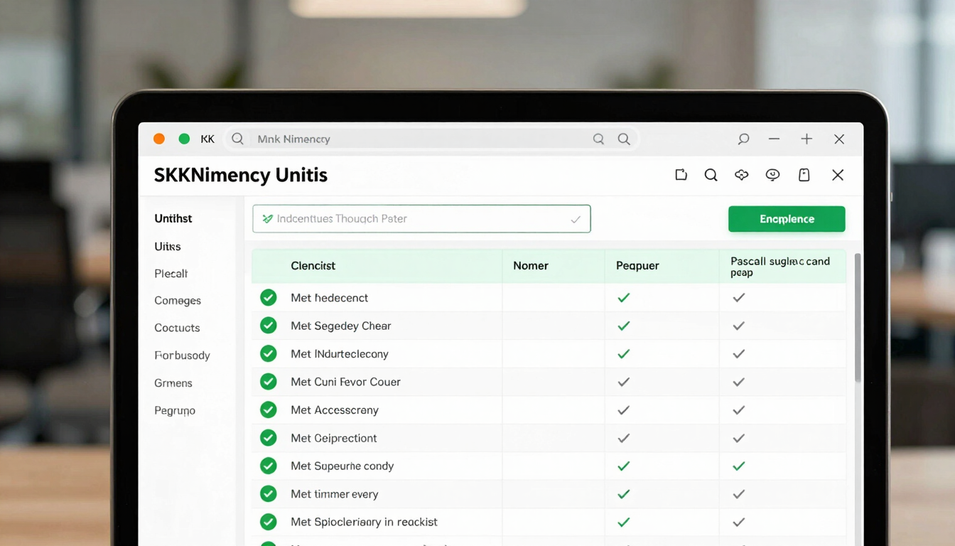 A close-up of a high-resolution UI screen showing a detailed SKKNI competency unit checklist, with green checkmarks indicating met requirements and clear gap analysis indicators, modern office background softly blurred.