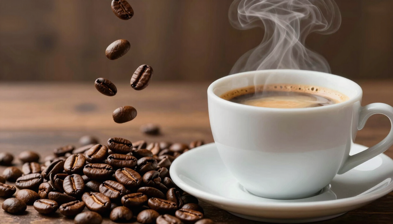 A vertical portrait of raw and roasted coffee beans cascading next to a steaming cup of espresso, warm lighting emphasizing the rich brown tones