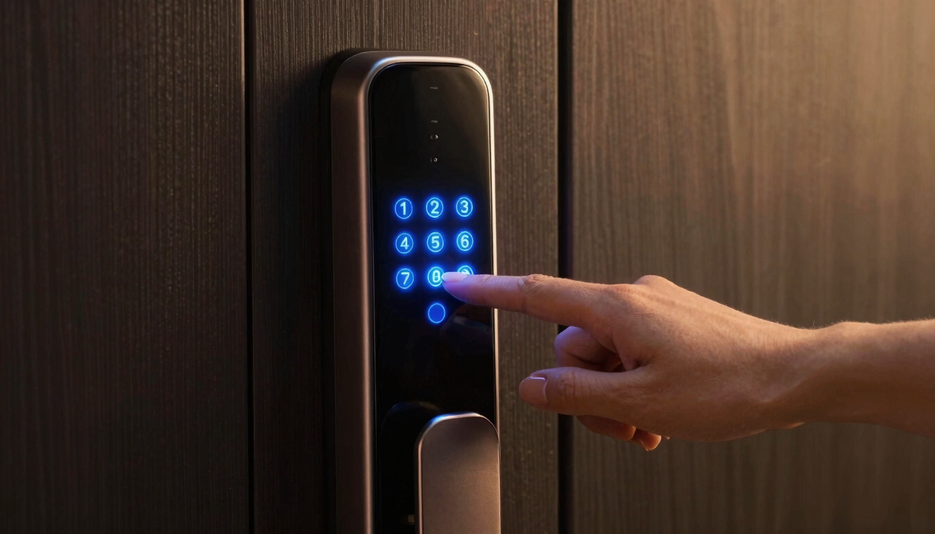 A sleek modern digital door lock glowing with a blue keypad light at night, a hand approaching to enter the code, high-contrast dark background with amber highlights.