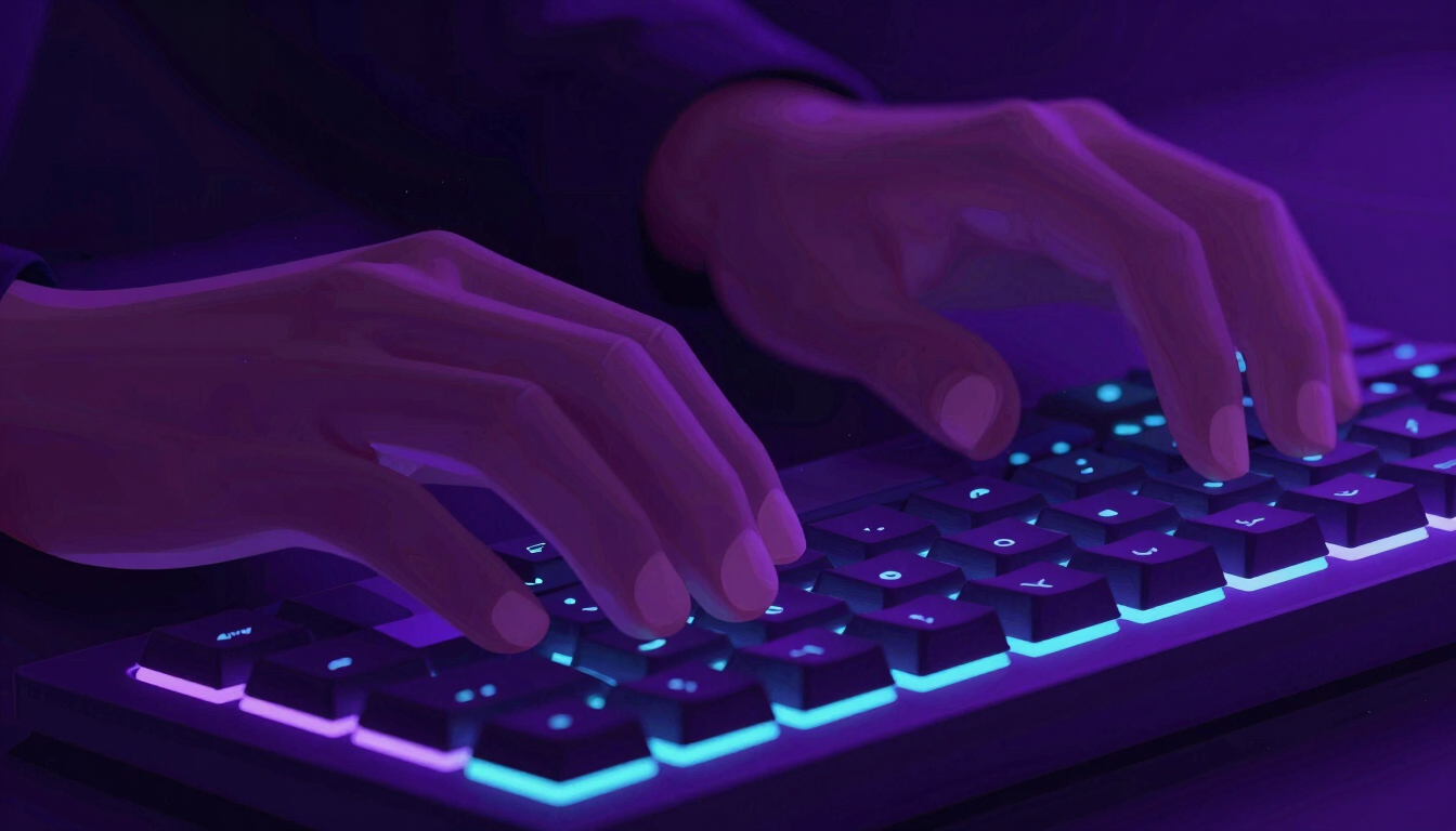 Dynamic close-up of hands typing on a glowing mechanical keyboard, dark environment, high-contrast neon purple ambient backlighting, vector tech aesthetic.