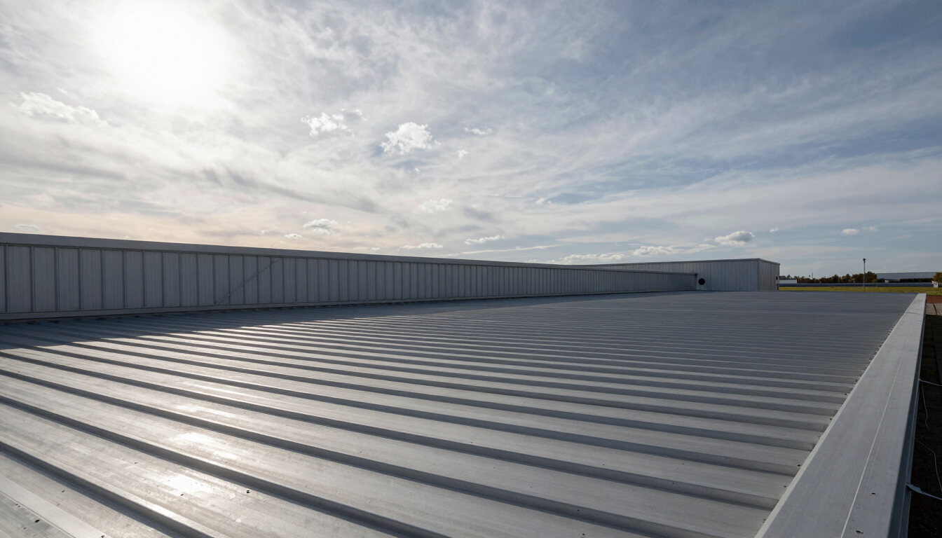 Heroic wide architectural angle of a modern commercial metal roof under high-contrast overcast skies.