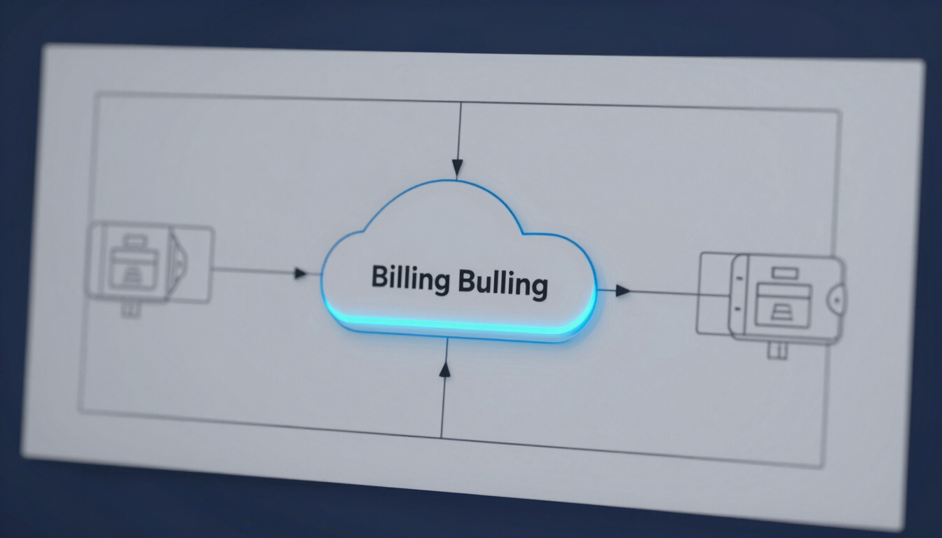 Precise technical line-art schematic of cloud billing routing flow, clean slate gray lines on deep navy background, sharp focus, 50mm lens.