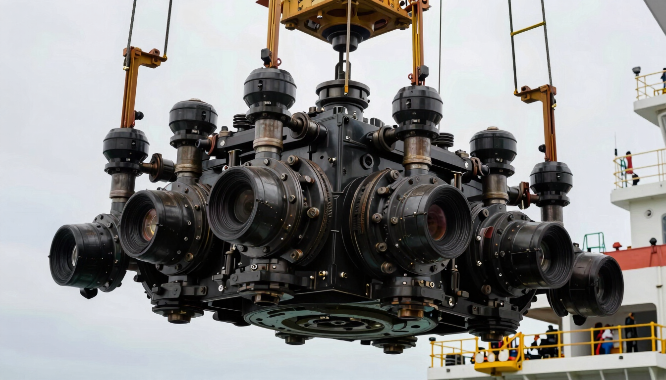 Close-up of massive subsea hardware being lowered from a construction vessel deck, stark industrial lighting, high-contrast details of steel connectors.