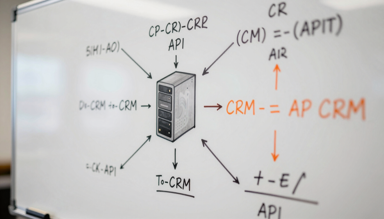 Tight macro shot of a clean white whiteboard covered in complex attribution flowcharts, server-to-CRM API mappings, and mathematical formulas written in black and orange marker.