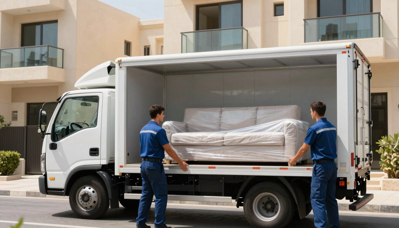A clean professional delivery truck parked outside a residential building in Dubai, professional movers loading a clean wrapped sofa, bright daylight, realistic commercial photography
