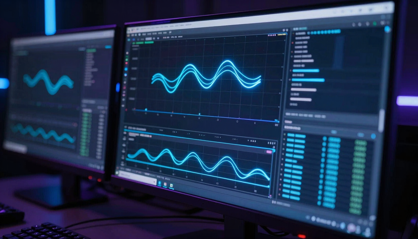 A high-end workstation screen displaying complex 3D data visualization charts, glowing neon blue lines on a dark interface, cinematic lighting.
