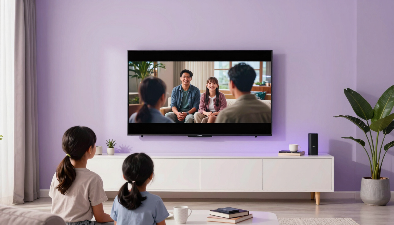 Bright, clean Indonesian home living room with subtle purple ambient light, a family streaming movies smoothly on a sleek wall-mounted TV, professional setup, daylight.