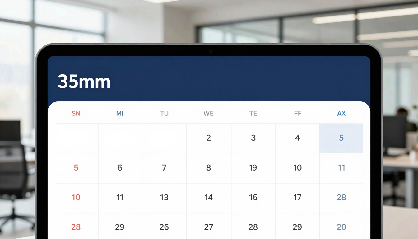 A close-up of a digital corporate calendar showing compliance deadlines, clean modern office background, soft daylight