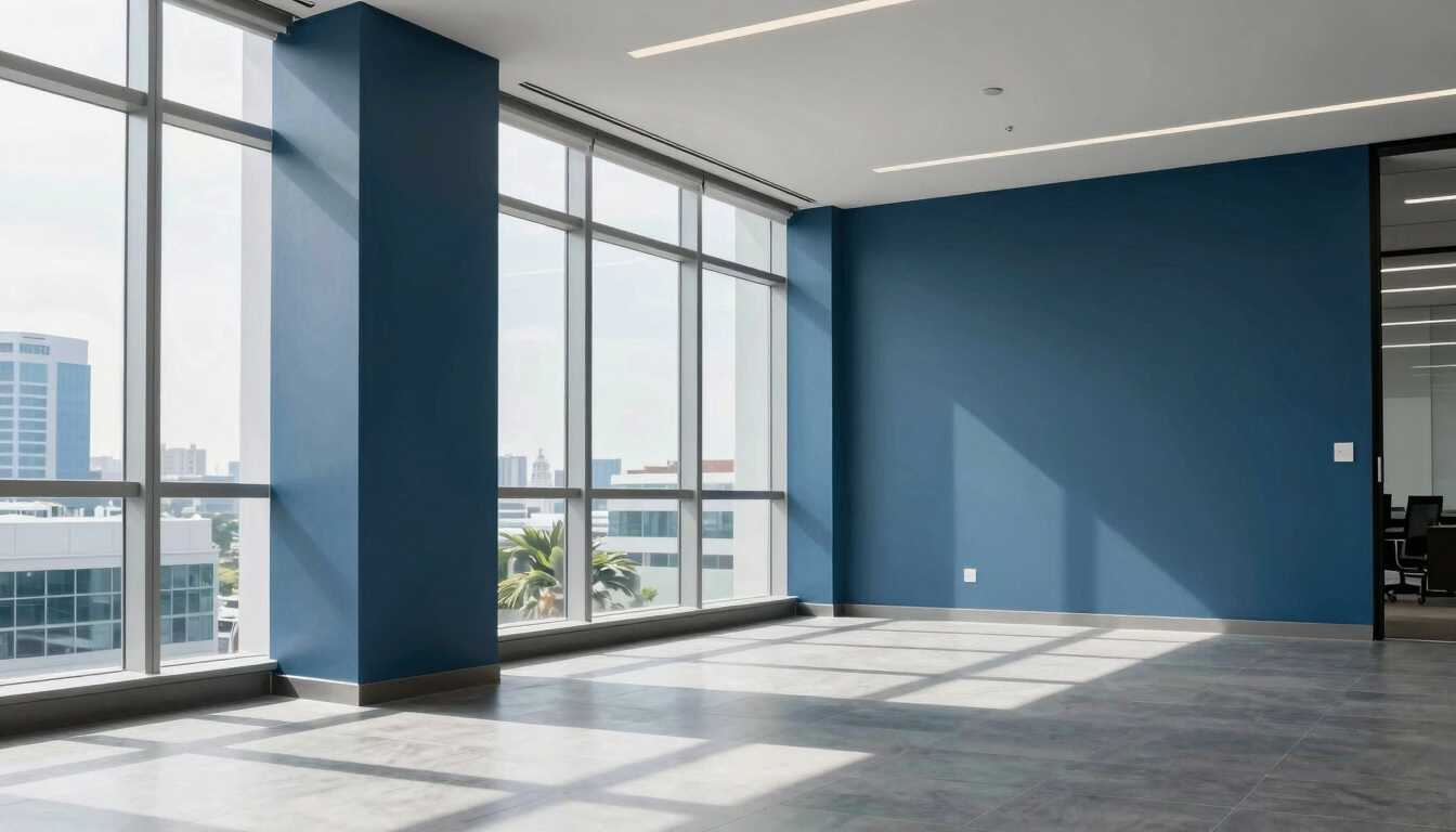 Modern bright office interior in Singapore, professional corporate setting with sunlight streaming through large windows, clean slate and blue tones