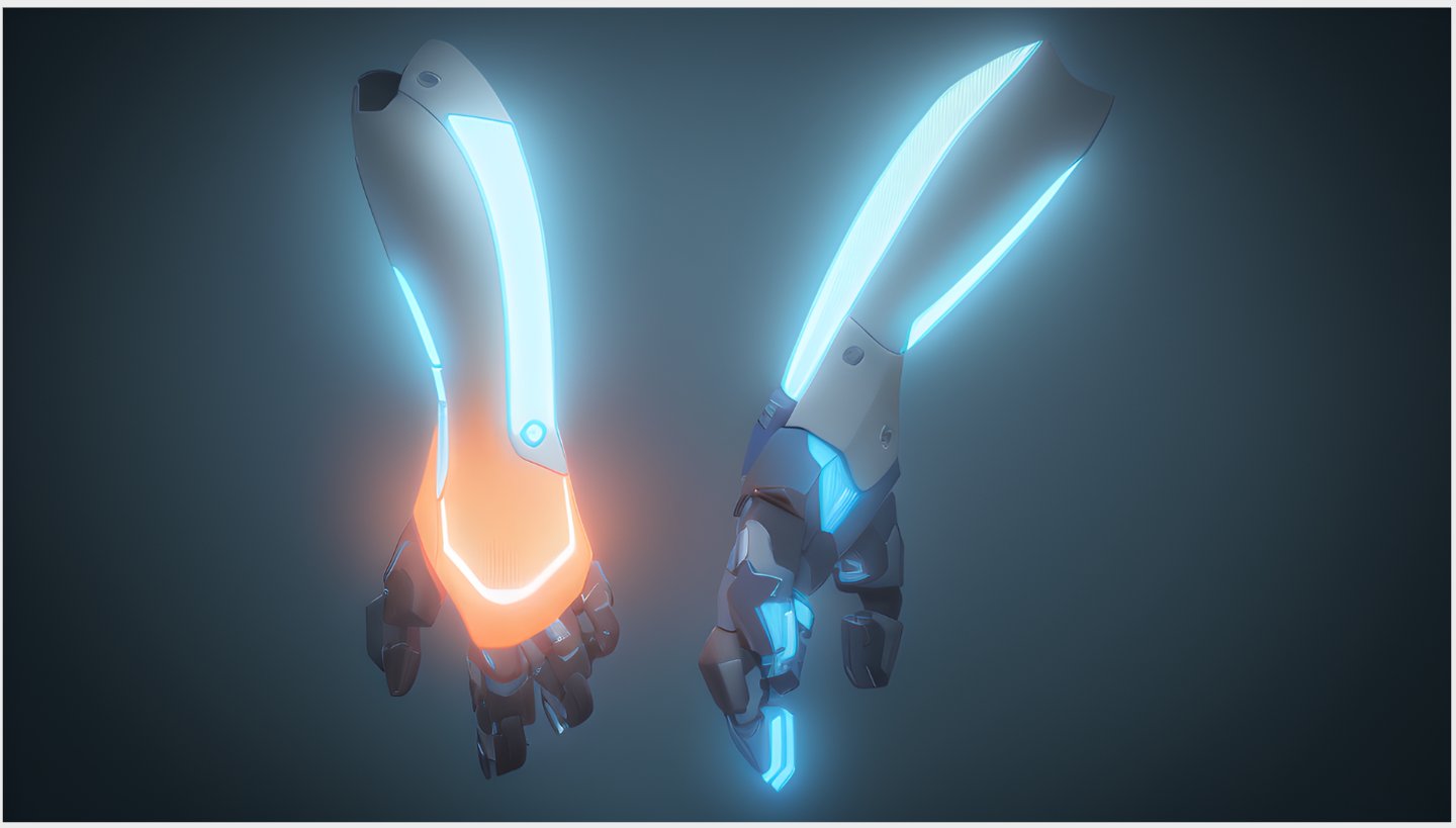 Pair of glowing futuristic prosthetic hands, one in orange, one in blue.