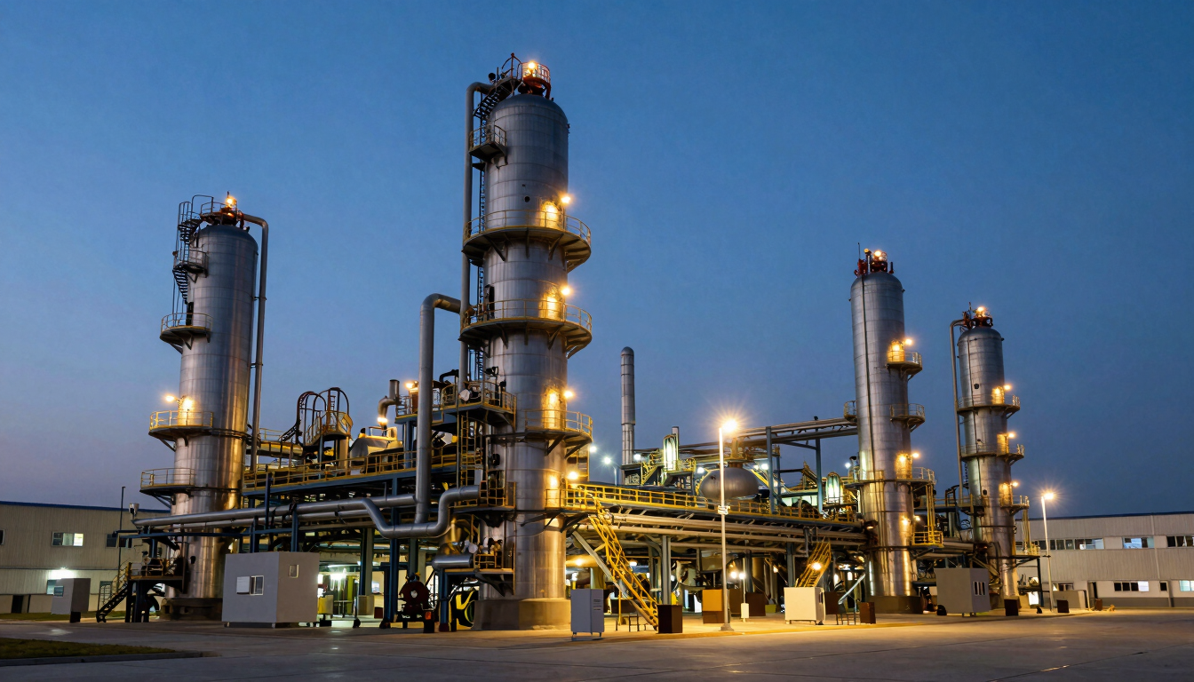 Wide environmental shot of a secure industrial manufacturing plant at dusk, sharp focus, high-contrast cool daylight with warm amber security lights.