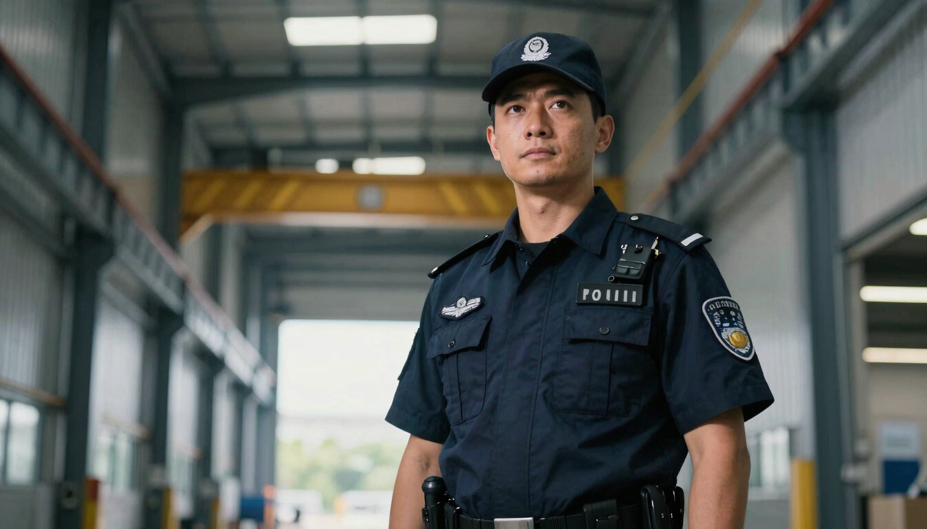 A sharp, low-angle portrait of an alert security officer in a dark blue uniform standing in a modern industrial warehouse corridor, cool daylight, 50mm lens