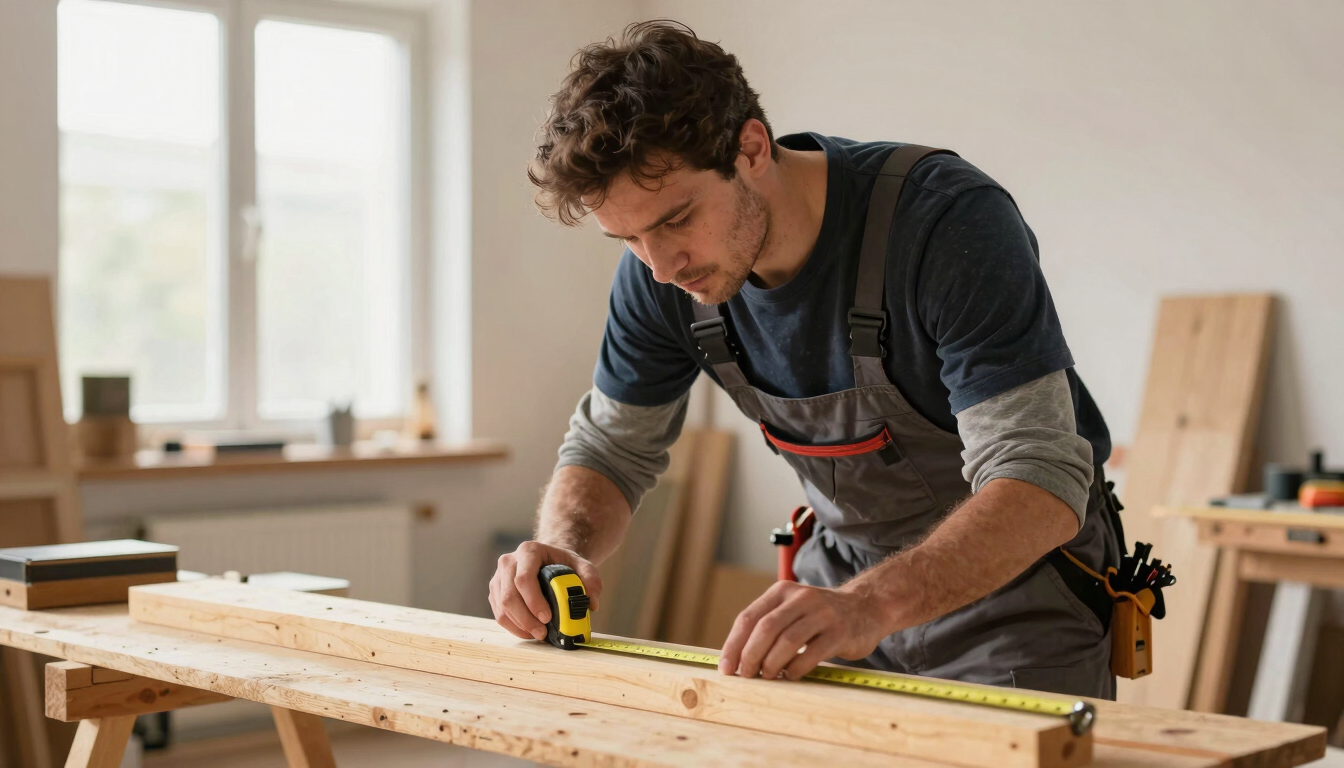 A professional carpenter in a clean, organized residential work zone, carefully measuring a wooden beam with a tape measure, warm natural light.
