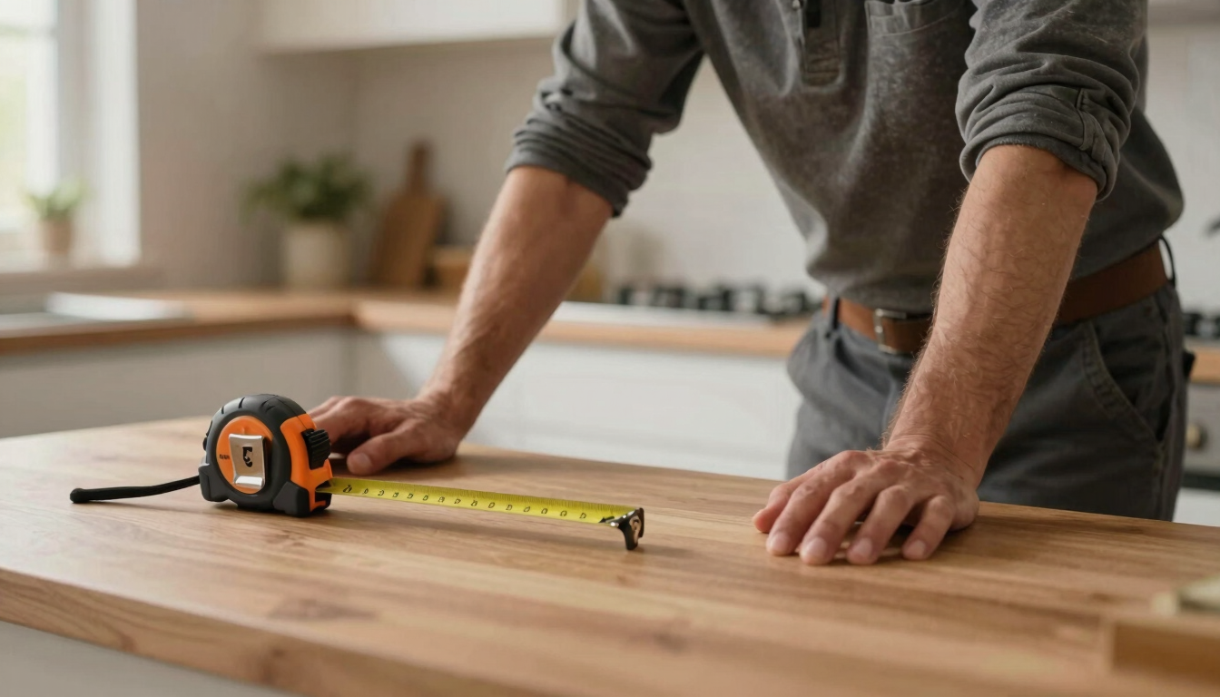Medium shot of a friendly contractor's hands resting on a wooden kitchen counter next to a tape measure, soft natural indoor lighting, warm and approachable.
