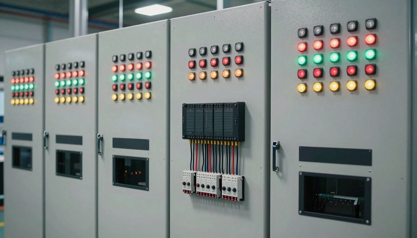 Wide shot of a clean, modern industrial automation panel with cool-toned LED indicators, organized wiring, and a PLC controller at the center, sharp focus, industrial lighting.