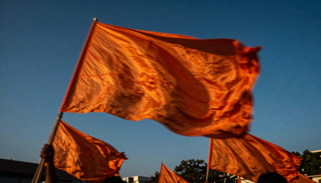 Dynamic low-angle shot of a massive saffron flag swirling against a deep blue sky during a street procession, motion blur, dramatic lighting.