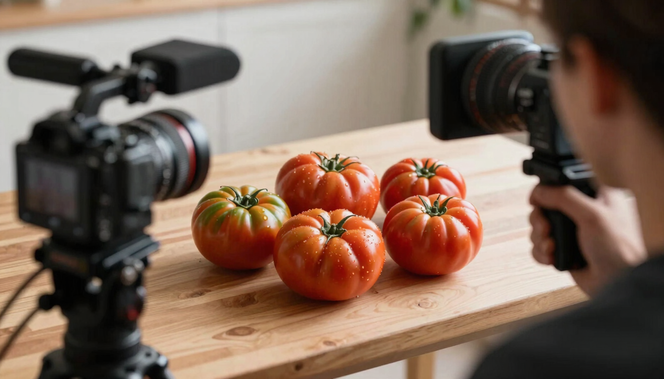 Over-the-shoulder shot of a camera rig capturing unwashed heirloom tomatoes on a wooden prep table in soft, side-lit morning daylight.