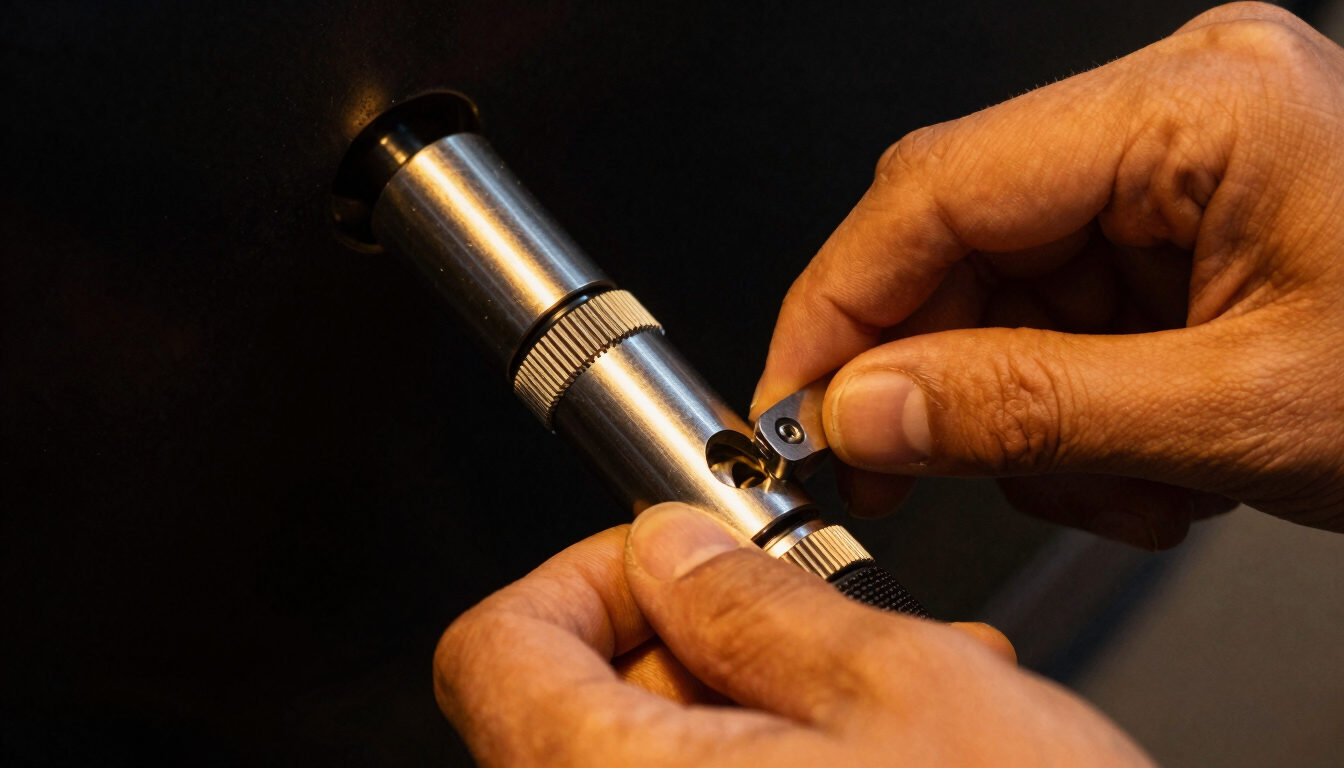 Close-up of hands installing a high-security lock cylinder, dramatic low-light night-time street lighting with warm orange highlights, sharp macro focus